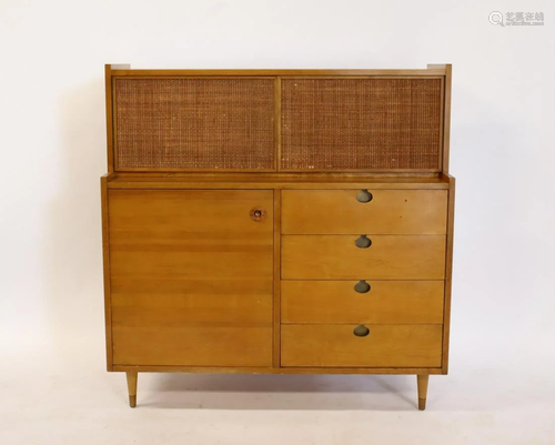 Midcentury Blonde Wood Cabinet With Caned Doors