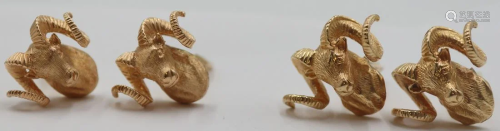 JEWELRY. (2) Pairs of Gold Figural Rams Head