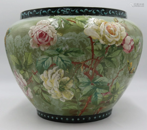 Large French Floral Decorated Majolica Jardiniere.