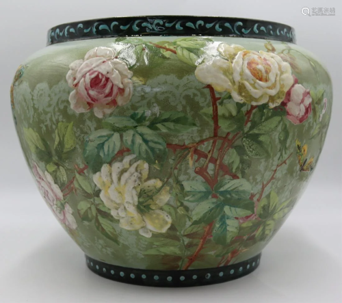 Large French Floral Decorated Majolica Jardiniere.