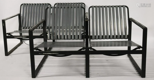 A Midcentury Pair Of Patinated Metal Settees.