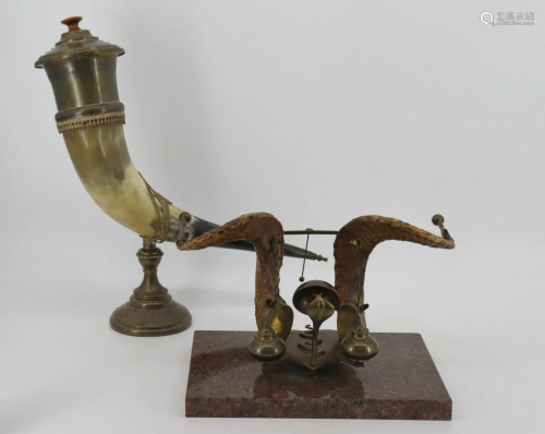 Antique Gilt Metal Horn Inkwell Together with