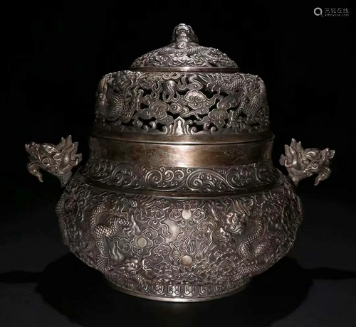 SILVER CAST DRAGON PATTERN CENSER