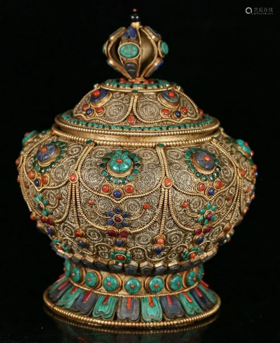 TIBETAN SILVER WITH GEM DECORATED RELIC JAR