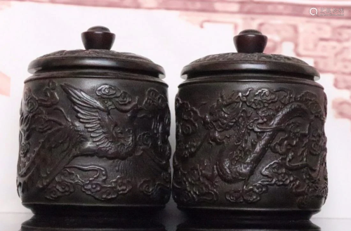 PAIR OF ZITAN WOOD CARVED JAR WITH COVER