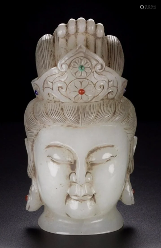 ANTIQUE HETIAN JADE CARVED GUANYIN BUDDHA HEAD S…