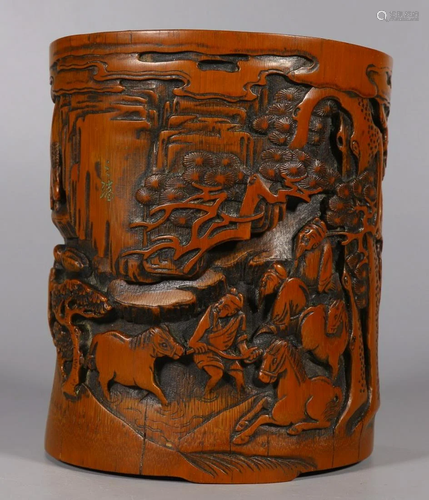 BAMBOO CARVED LANDSCAPE PATTERN BRUSH POT