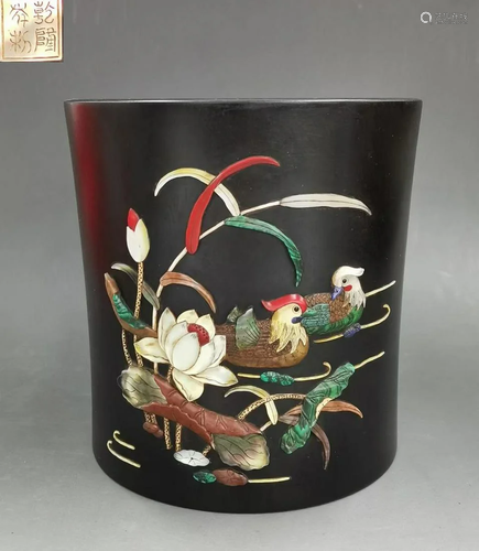 ZITAN WOOD WITH GEM DECORATED BRUSH POT