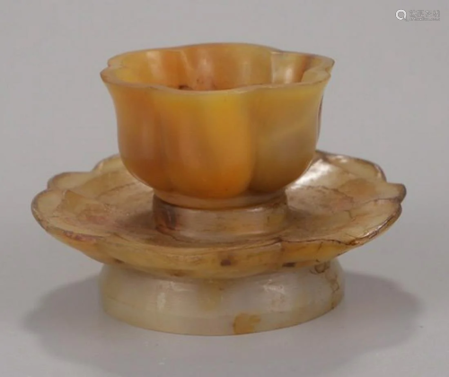 SET OF AGATE CARVED CUP&CUP STAND