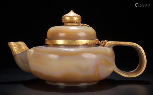 AGATE WITH GILT DECORATED POT