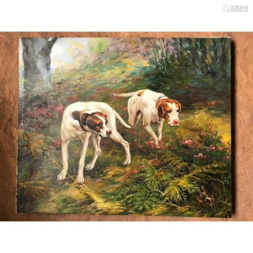 20thc Pair of Hunting Dogs Oil Painting