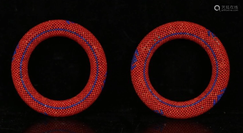 PAIR OF CHENXIANG WOOD&CORAL BANGLE