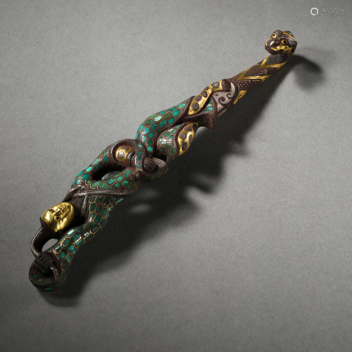 BRONZE HOOK INLAID WITH GOLD, SILVER, AND TURQUOISE,