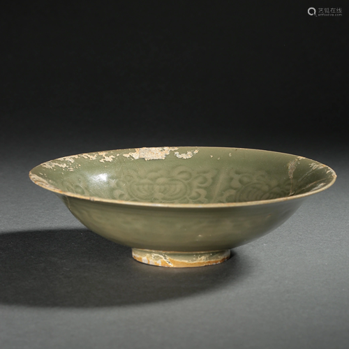 YAOZHOU WARE CELADON ENAMEL PLATE CARVED WITH FLORAL