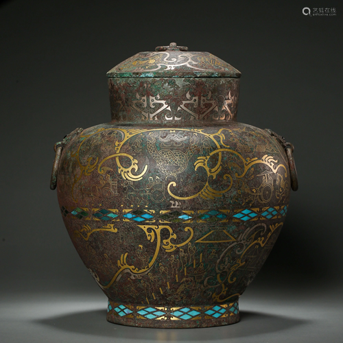 BRONZE JAR WITH LID, INLAID WITH GOLD AND SILVER, THE