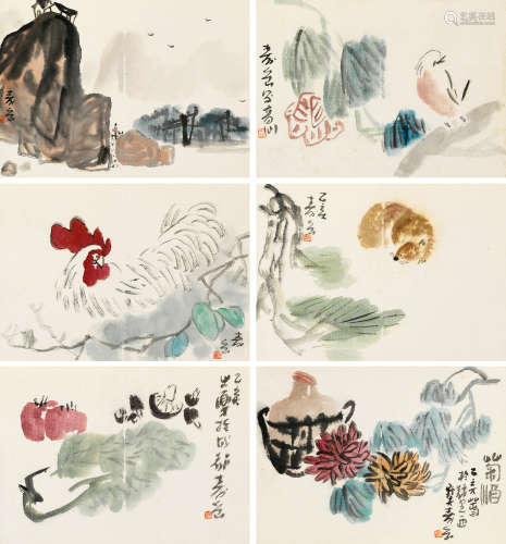 1995年作 陈寿岳 山水花鸟人物六开  绘画 镜心  设色纸本