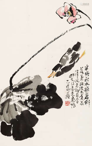 1985年作 孙竹篱 荷塘凫鸭  绘画 立轴  设色纸本