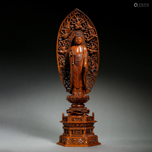 BOXWOOD WOOD CARVING BUDDHA STATUE, QING DYNASTY, C…