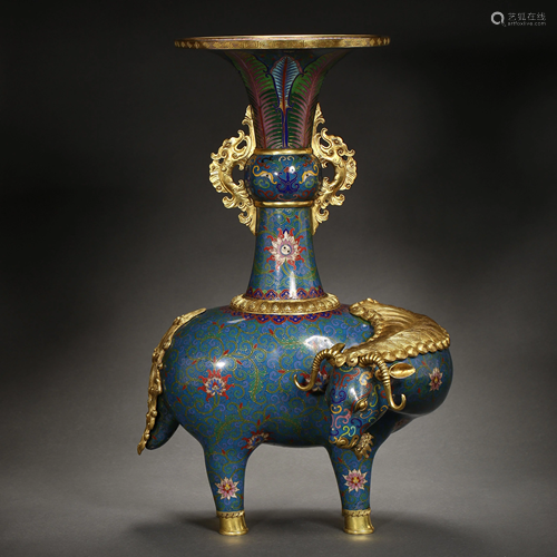 CLOISONNE VASE WITH COW STAND, IN QING DYNASTY, CHINA