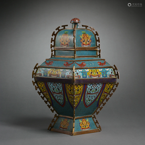 CLOISONNE SQUARE BOTTLE, QING DYNASTY, CHINA