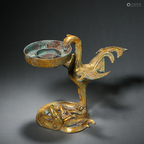 GILT BRONZE BIRD-SHAPED CANDLE LAMP, TANG DYNASTY,