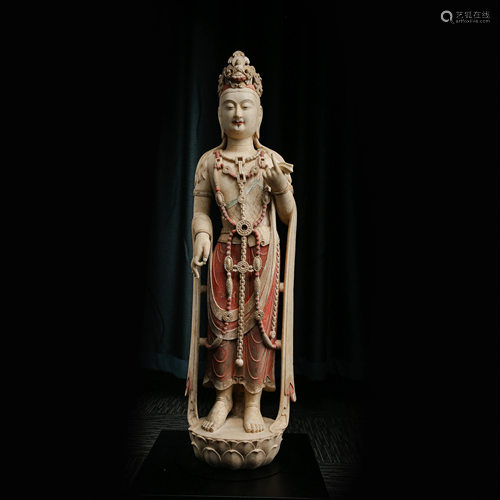 WHITE MARBLE CARVED GUANYIN STANDING STATUE, TANG