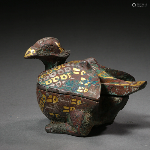 CHINESE BRONZE BIRD INLAID GOLD AND SILVER, HAN DYNASTY