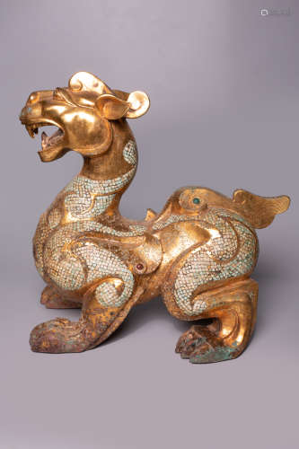Chinese Zhanhan Period Bronze Gold Gilded Beast