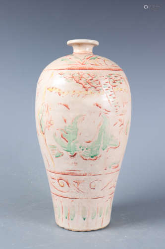 Chinese Cizhou Wave Porcelain Color Painted Plum Bottle