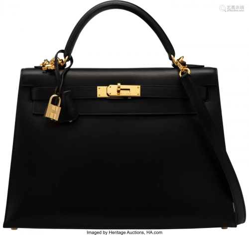 58180: Hermès 32cm Black Calf Box Leather Sellie