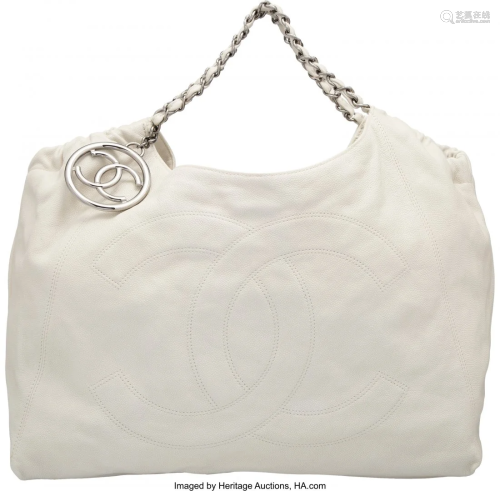 58077: Chanel Cream Caviar Leather Hobo Bag with Silver