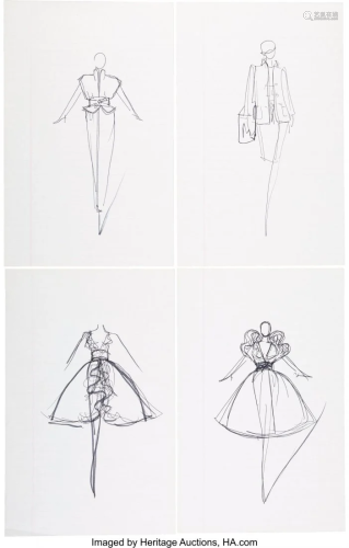 58095: Halston Set of Four Original Ink Sketches Condi