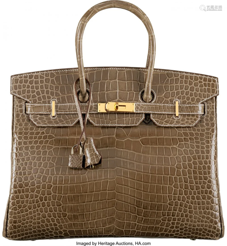 58140: Hermès 35cm Shiny Ficelle Porosus Crocodi