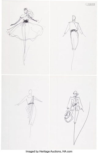 58093: Halston Set of Four Original Ink Sketches Condi