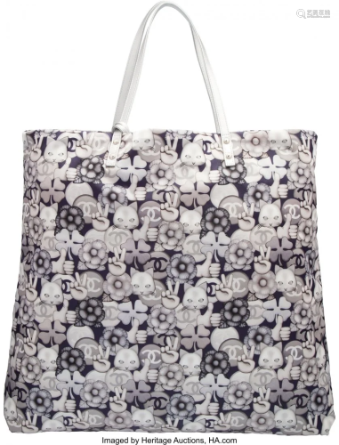 58009: Chanel Navy & Gray Graphic Tote with Silver Hard