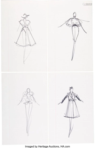 58094: Halston Set of Four Original Ink Sketches Condi