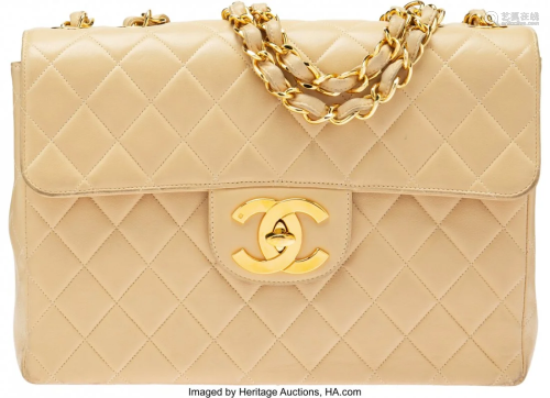 58144: Chanel Vintage Beige Quilted Lambskin Leather Fl