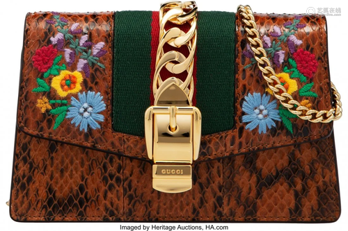 58051: Gucci Embroidered & Brown Snakeskin Super Mini S