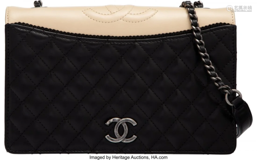 58066: Chanel Black & Beige Quilted Lambskin Leather Ba