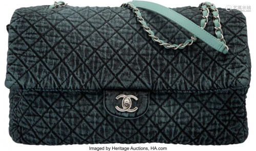 58020: Chanel Distressed Denim XXL Flap Bag with Silver