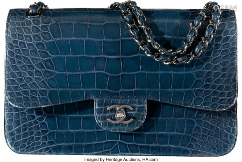 58019: Chanel Shiny Blue Crocodile Jumbo Double Flap Ba