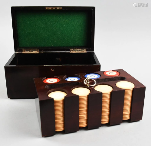 Vintage Mahogany Box Set Bakelite Poker Chips
