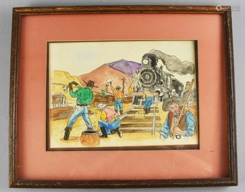 Original Railroad Construction Watercolor by NL