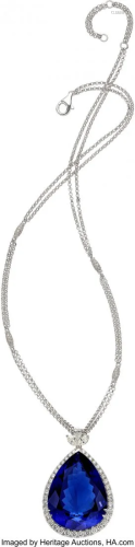 55296: Tanzanite, Diamond, White Gold Pendant-Necklace