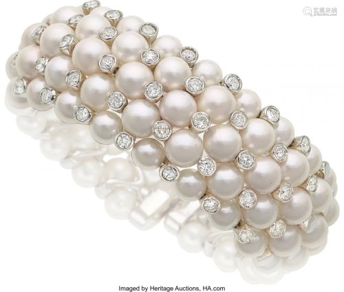 55261: Cultured Pearl, Diamond, White Gold Bracelet, Cr