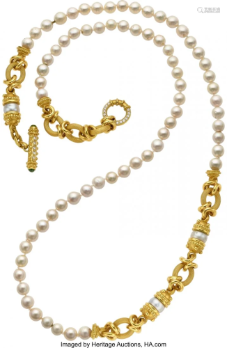 55105: Diamond, Cultured Pearl, Peridot, Gold Necklace