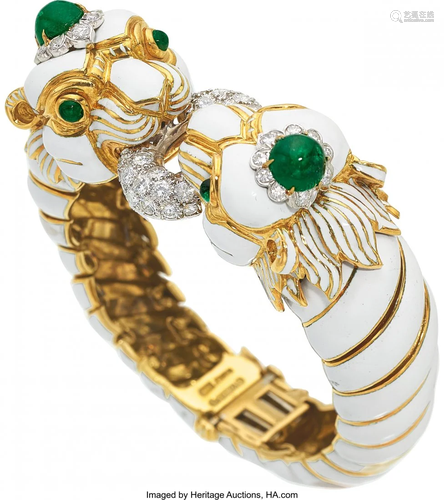 55223: Diamond, Emerald, Enamel, Platinum, Gold Bracele