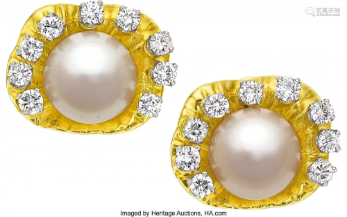 55025: South Sea Cultured Pearl, Diamond, Gold Earrings