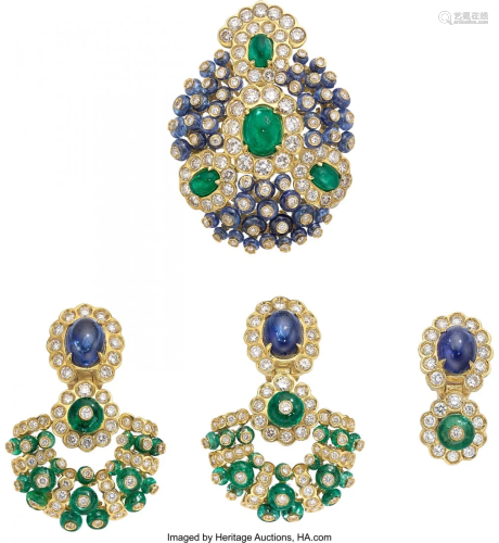 55289: Sapphire, Emerald, Diamond, Gold Jewelry Suite,