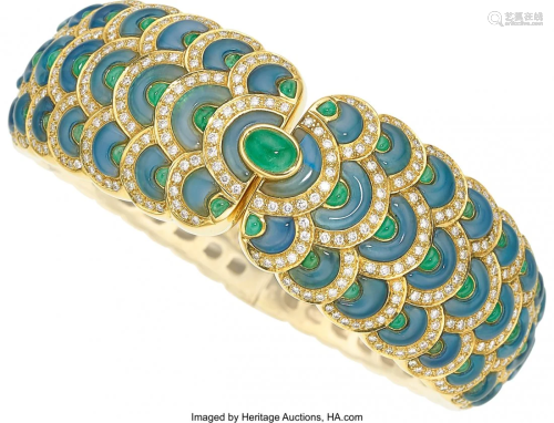 55231: Emerald, Diamond, Chalcedony, Gold Bracelet, T&#